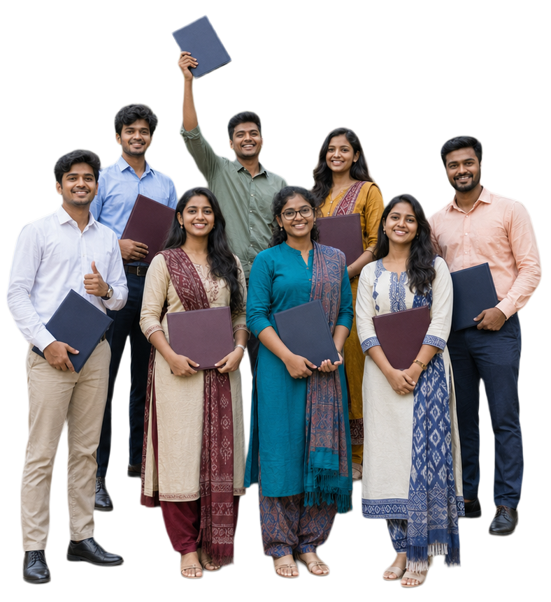 Happy group of Indian teacher-education graduates holding their course files